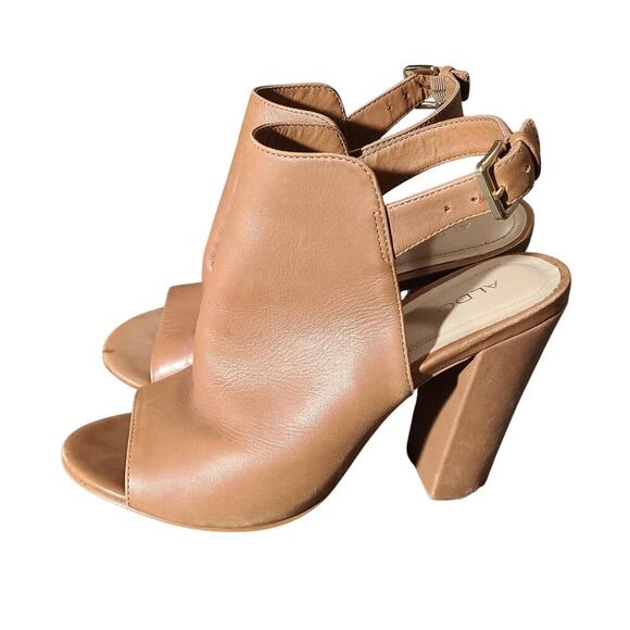 Women 8.5 ALDO Camel Leather Chunky Heel Peep Toe Slingback Bootie Heels Shoes‎ - Picture 2 of 8